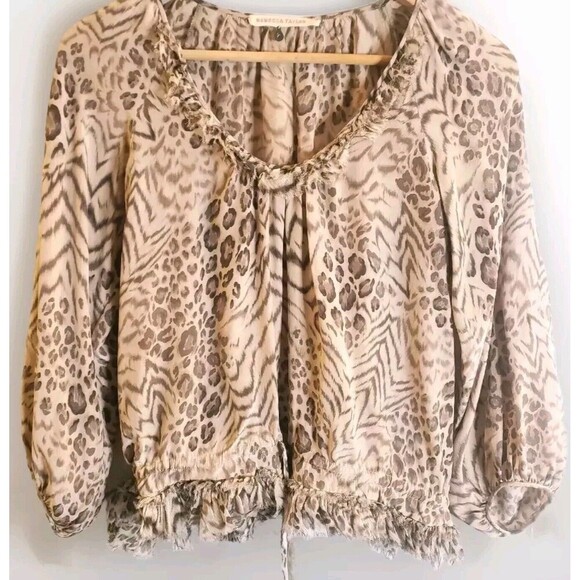 Rebecca Taylor Blouse Women's 2 Tan Leopard Print Silk 3/4 Sleeve Raw Hem - Picture 1 of 9